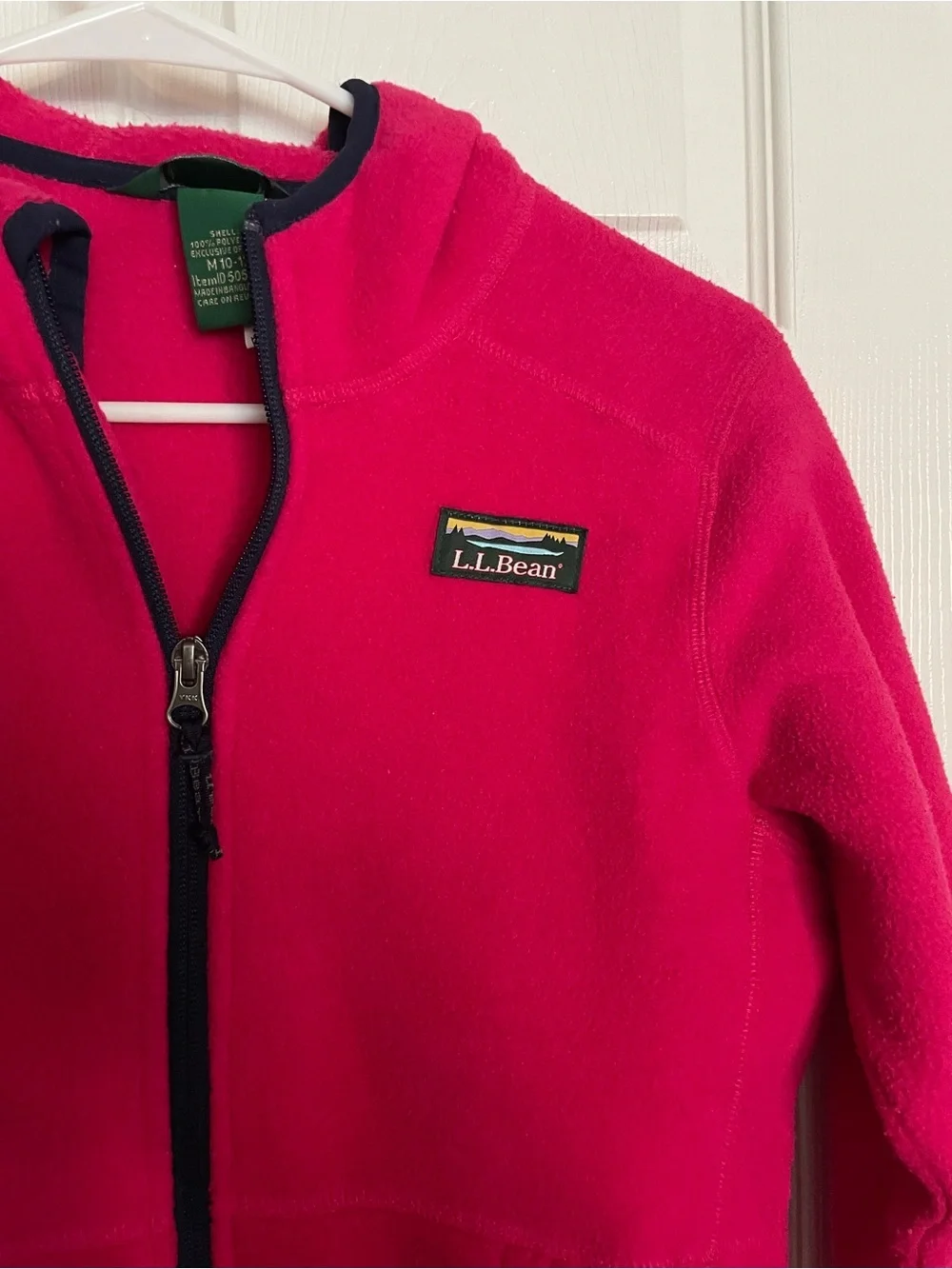 L.L. Bean Girls size Medium 10-12 Bright Pink Fleece Hoodie with Navy Trim